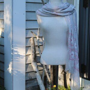 NEW Pale Grey & Pink Embroidered Flowers Lightweight Sheer Scarf